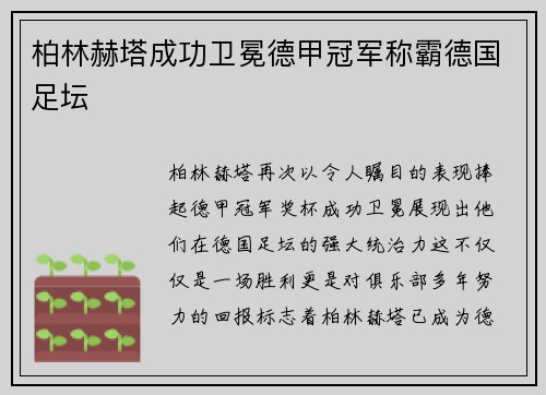 柏林赫塔成功卫冕德甲冠军称霸德国足坛