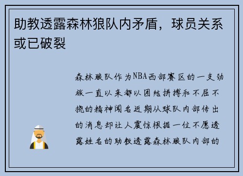 助教透露森林狼队内矛盾，球员关系或已破裂